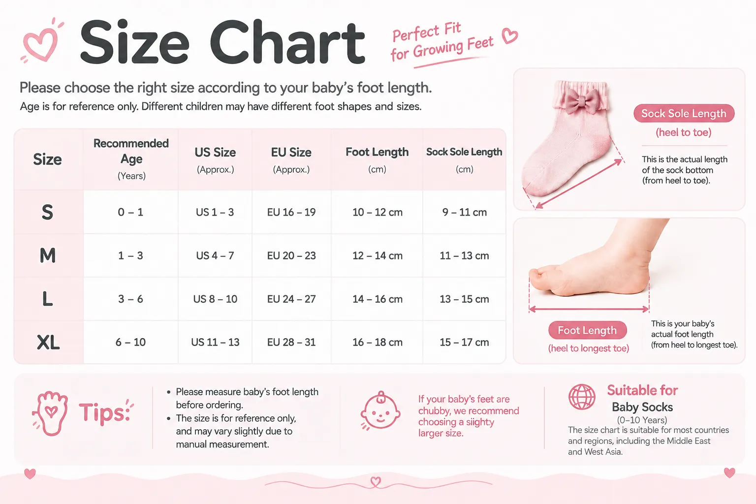 Baby socks size chart with foot length and sock sole length